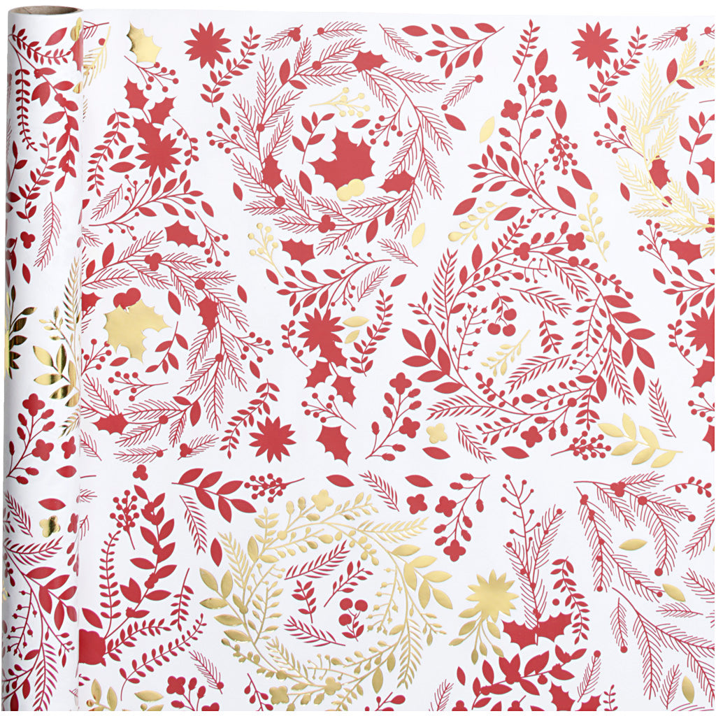 Papier cadeau, or, rouge, blanc, Sapins de Noël, L: 50 cm, 80 gr, 3 m/ 1 rouleau