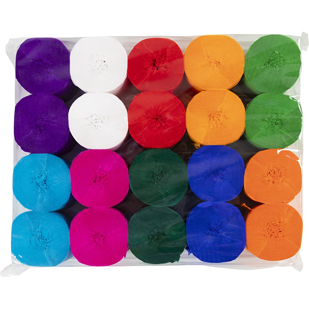 Crepe Paper, assorted colours, L: 20 m, W: 5 cm