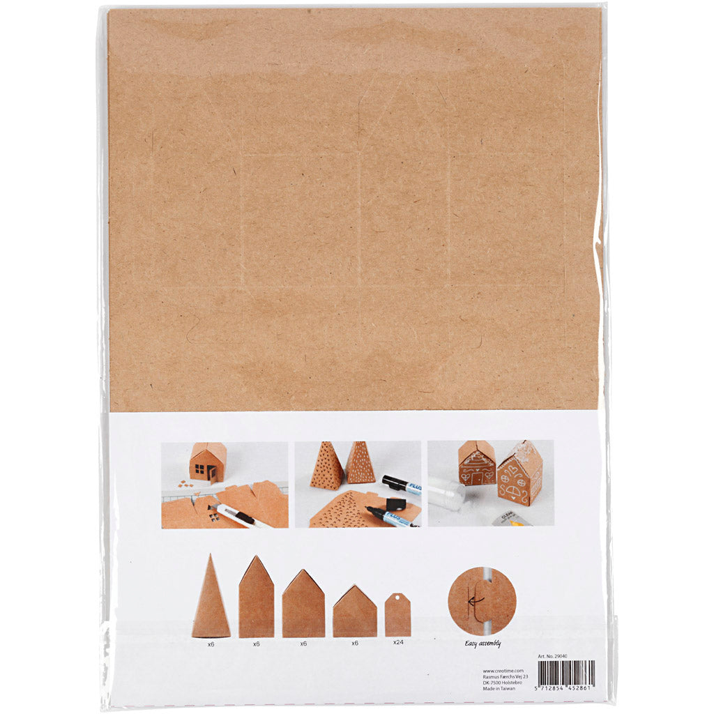 Maison et Arbre en cartons, H: 5,7-10 cm cm, 1 set