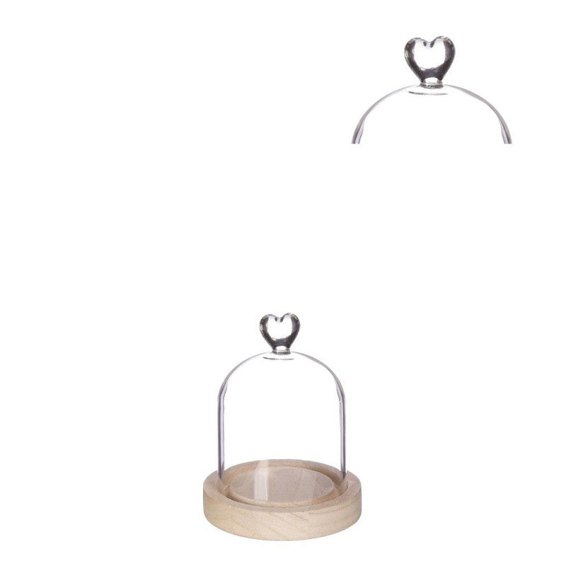 Cloche en verre avec base en bois et cœur Ø 10 cm, H. 13 cm - 1 pièce