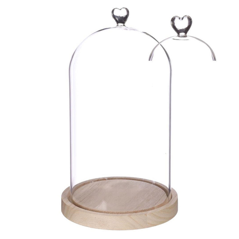 Cloche en verre avec base en bois et cœur Ø 17 cm, H. 30 cm - 1 pièce