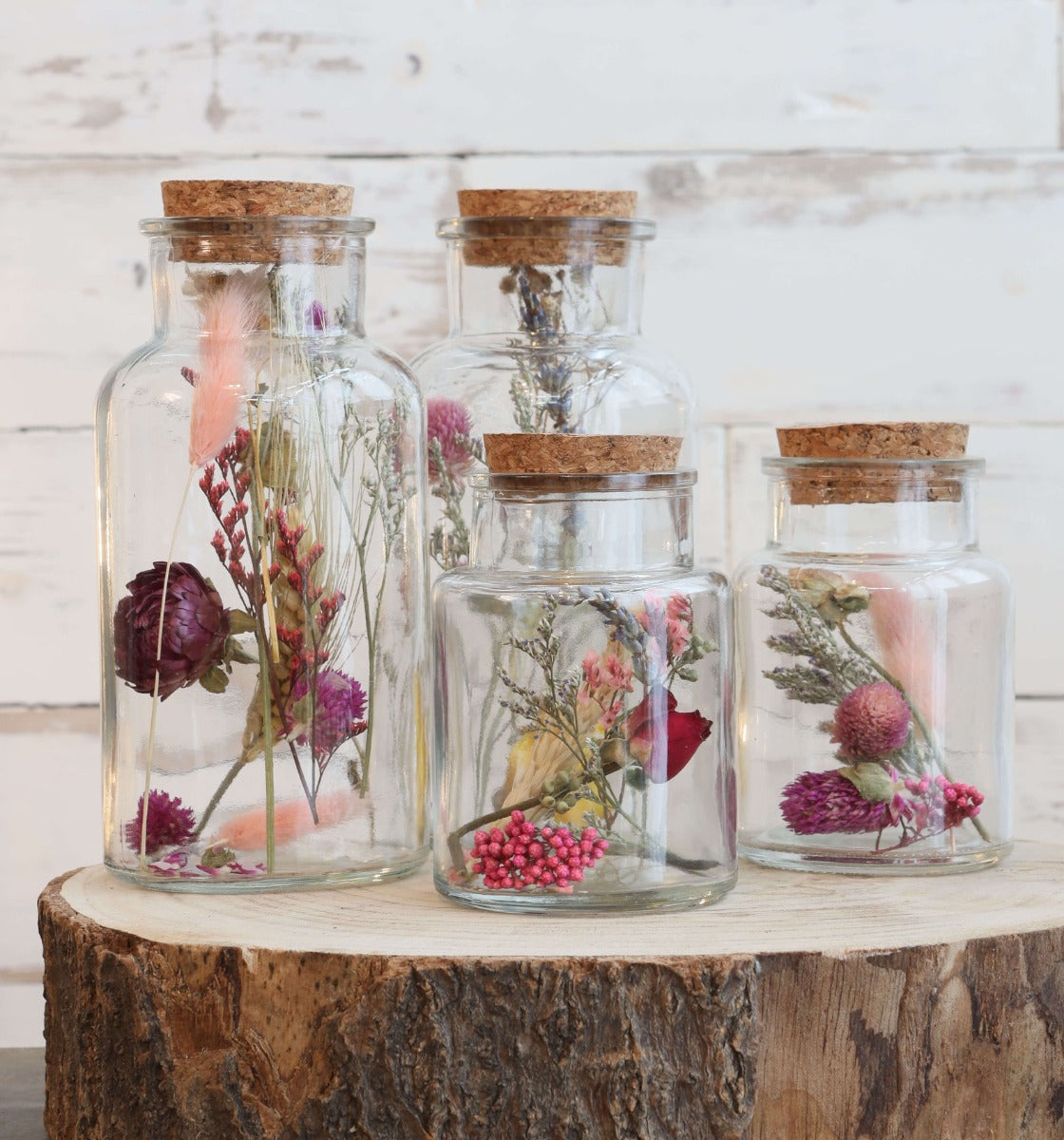 Flacon en verre avec 2 fleurs séchées différentes Ø7cm (12 pièces)