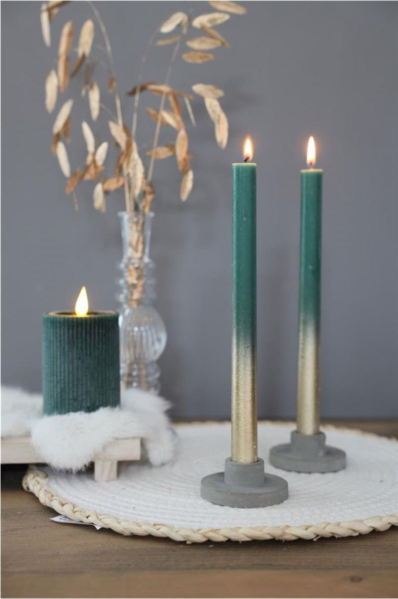 Bougies pour le dîner mos Vert avec spray d'or Ø21/h. 250mm - 1 set