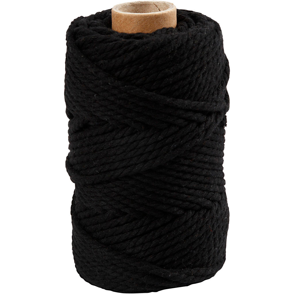 Macramé cord, black, L: 55 mtr, D: 4 mm, 330 g