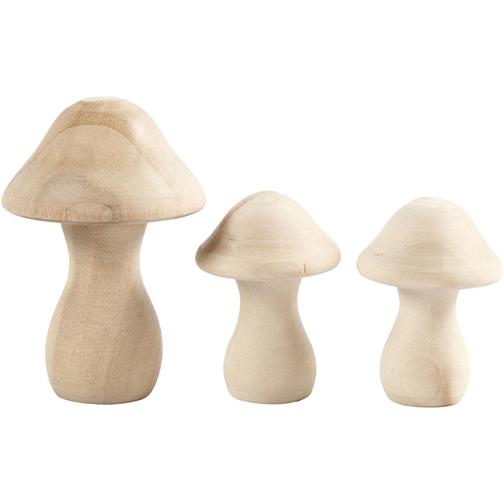 Champignons en bois taille 4.5+6.5 cm, P: 3.3+4.5 cm - 3 pcs