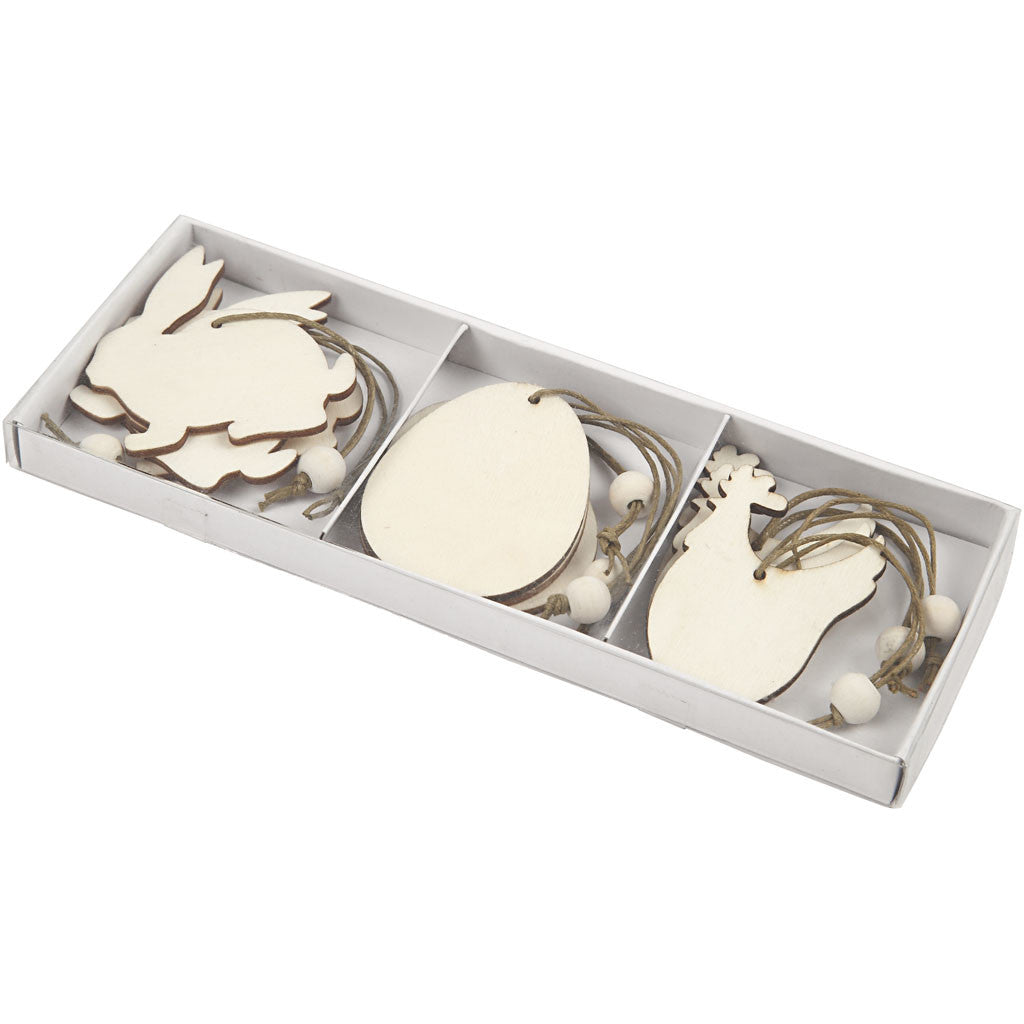 Ornement en bois: lapin, oeuf, poule, taille 6 cm - 9 pcs