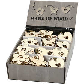 Ornement en bois: fleurs, papillons, cœur - 200 pcs