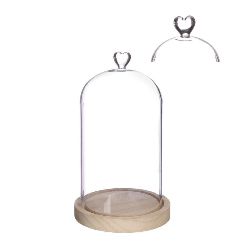 Cloche en verre avec base en bois et cœur Ø 14 cm, H. 24 cm - 1 pièce
