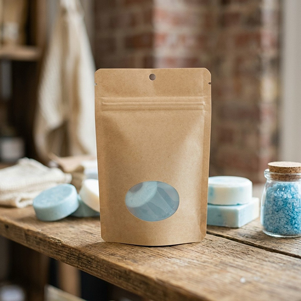 Doypack Kraft Compostable à Domicile avec Fenêtre Ovale 10x6x15cm - 100 pcs