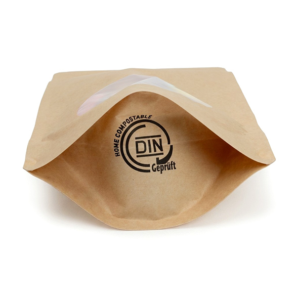 Doypack Kraft Compostable à Domicile avec Fenêtre Ovale 13x8x20,5cm - 100 pcs