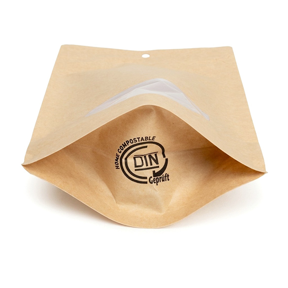 Doypack Kraft Compostable à Domicile avec Fenêtre Ovale et Fermeture Pocket 13x8x20,5cm - 100 pcs