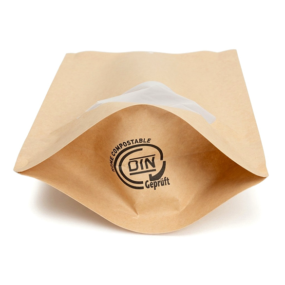 Doypack Kraft Compostable à Domicile avec Fenêtre Ovale et Fermeture Pocket 15x9x23cm - 100 pcs