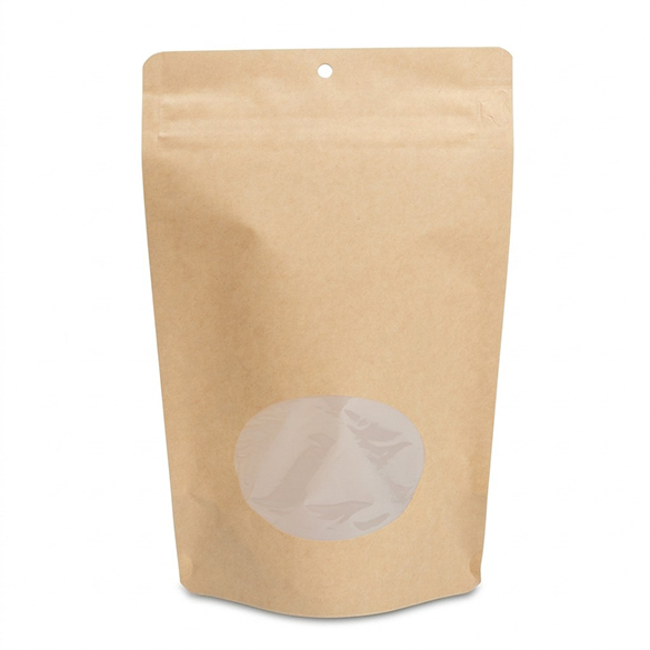 Doypack Kraft Compostable à Domicile avec Fenêtre Ovale et Fermeture Pocket 15x9x23cm - 100 pcs