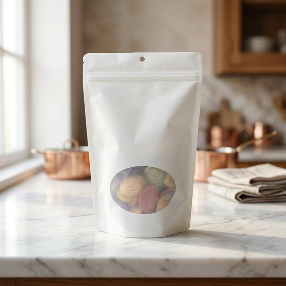 Doypack Blanc Compostable à Domicile avec Fenêtre Ovale 15x9x23cm - 100 pcs