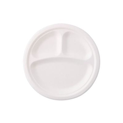Plateau de menu en canne à sucre Ø 22 cm, 3 compartiments, rond - 500 pièces