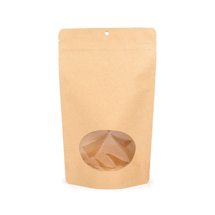 Doypack compostable en kraft 17.1x8.9x28.6 cm avec fenêtre ovale - 100 pieces