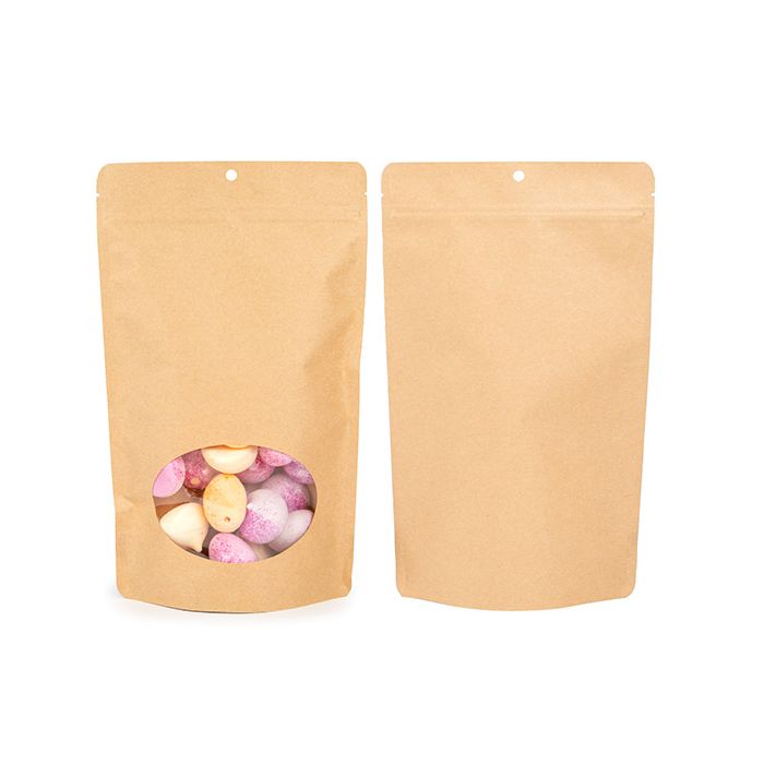Doypack compostable en kraft 17.1x8.9x28.6 cm avec fenêtre ovale - 100 pieces