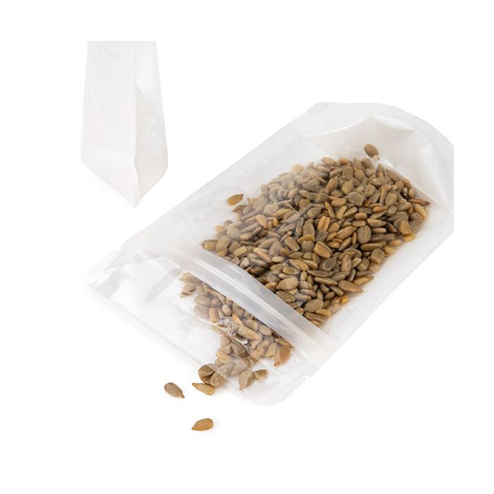 Doypack éco-reponsable à maintien vertical en papier de riz transparent/blanc, avec trou de suspension 10,2x6x15,2 cm - 100 pièces