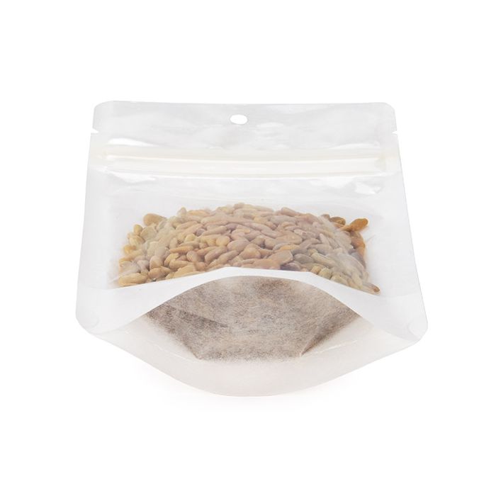 Doypack éco-reponsable à maintien vertical en papier de riz transparent/blanc, avec trou de suspension 10,2x6x15,2 cm - 100 pièces