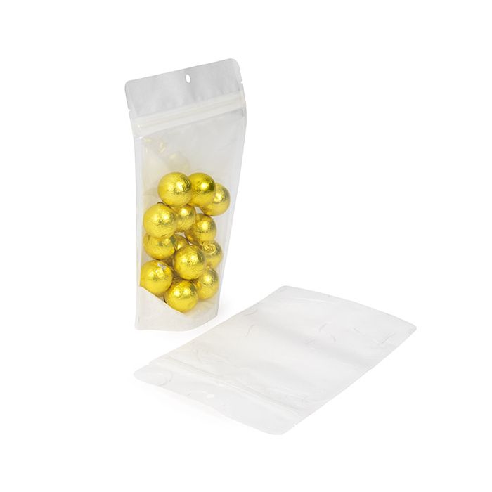 Doypack éco-responsable à maintien vertical, en papier de riz transparent/blanc avec trou de suspension 13x7,9x20,6 cm - 100 pièces