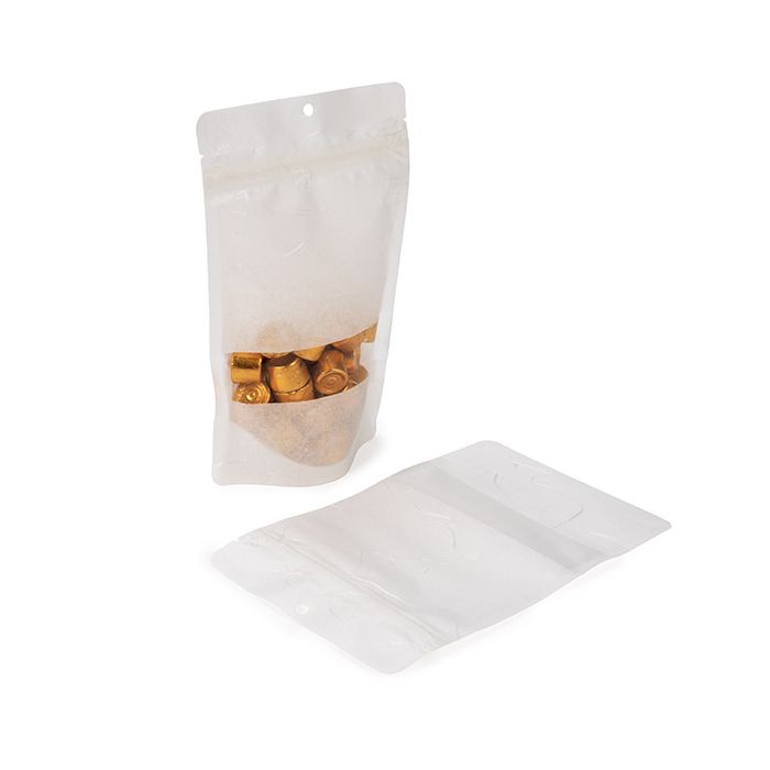 Doypack écologique en papier de riz blanc, avec fenêtre rectangulaire et trou de suspension 13x7,9x20,6 cm - 100 pièces