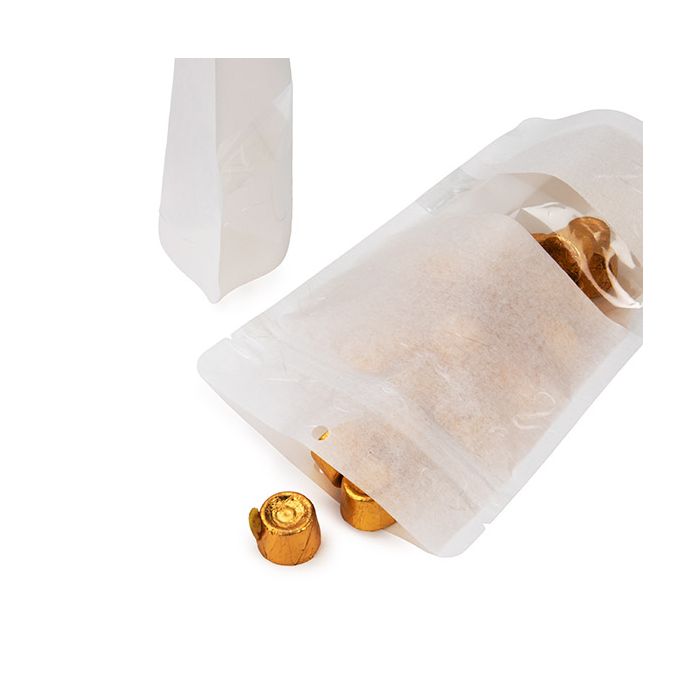 Doypack écologique en papier de riz blanc, avec fenêtre rectangulaire et trou de suspension 13x7,9x20,6 cm - 100 pièces