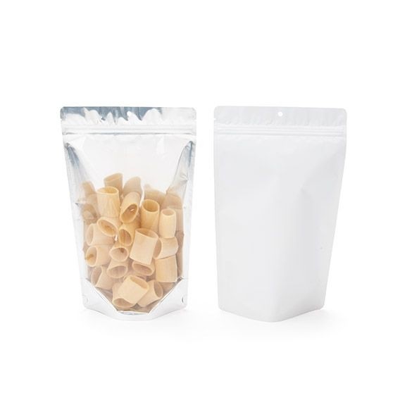 Sachet à fermeture hermétique à fond métallisé et dos blanc 170x90x285 mm (340 g) Trou Suspension Rond - 100 pièces