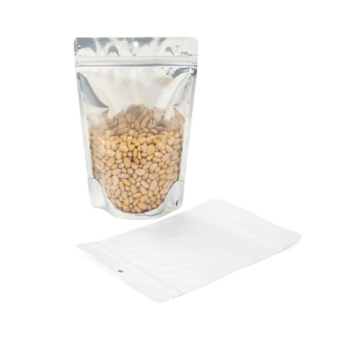 Doypack à fermeture Zip dos blanc 150x90x230 mm avec trou de suspension - 100 pièces