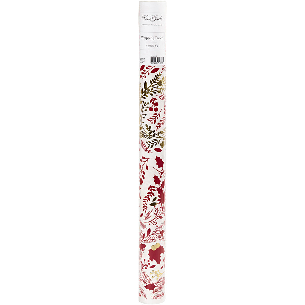 Papier cadeau, or, rouge, blanc, Sapins de Noël, L: 50 cm, 80 gr, 3 m/ 1 rouleau