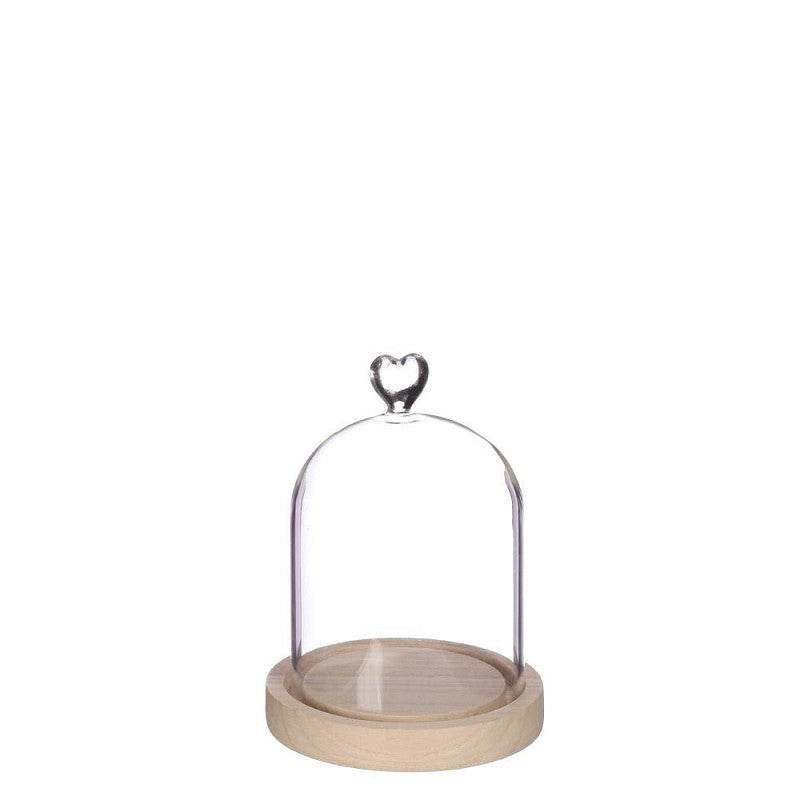 Cloche en verre avec base en bois et cœur Ø 12 cm, H. 16 cm - 1 pièce