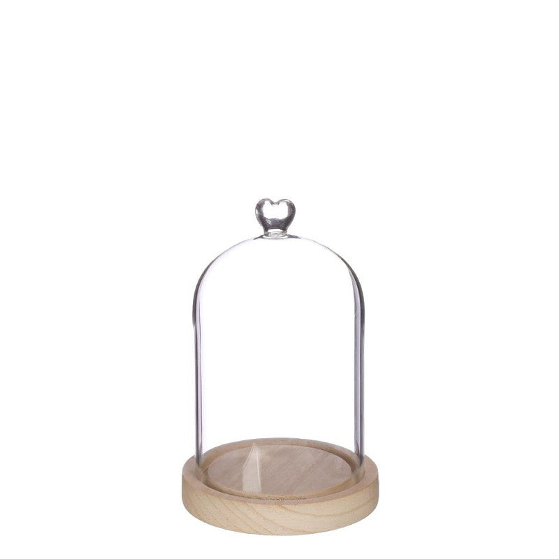 Cloche en verre avec base en bois et cœur Ø 12 cm, H. 18,5 cm - 1 pièce