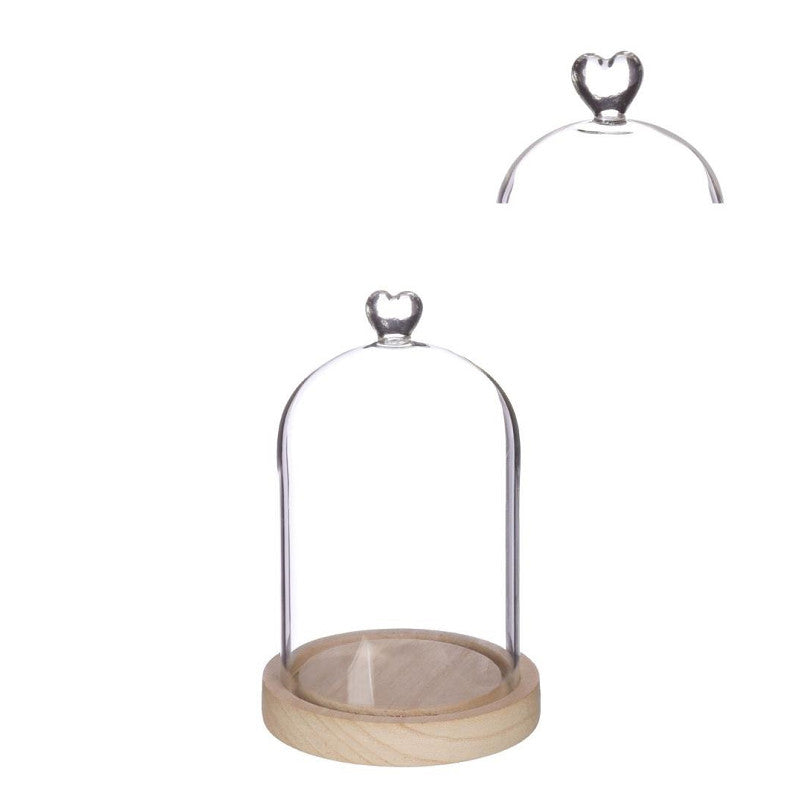 Cloche en verre avec base en bois et cœur Ø 12 cm, H. 18,5 cm - 1 pièce