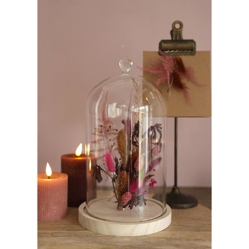Cloche en verre avec base en bois et cœur Ø 17 cm, H. 30 cm - 1 pièce