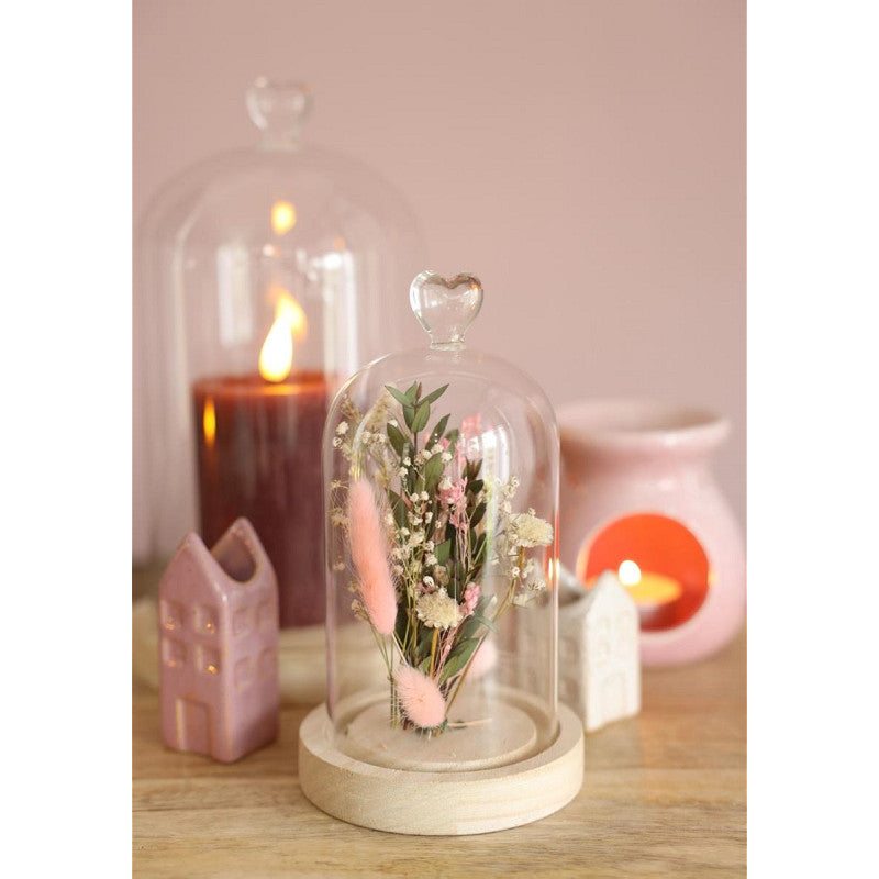 Cloche en verre avec base en bois et cœur Ø 10 cm, H. 18 cm - 1 pièce