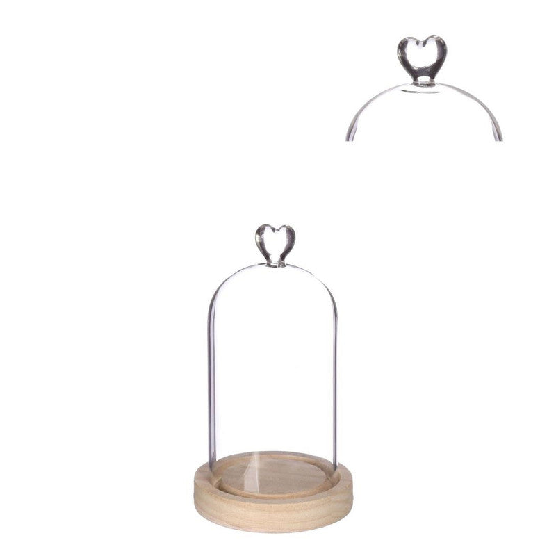 Cloche en verre avec base en bois et cœur Ø 10 cm, H. 18 cm - 1 pièce