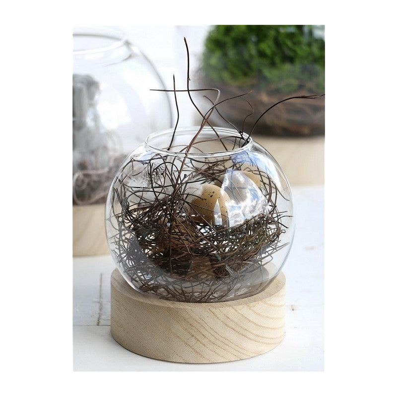 Vase boule en verre avec base en bois Ø 10 cm, H. 11 cm - 1 pièce