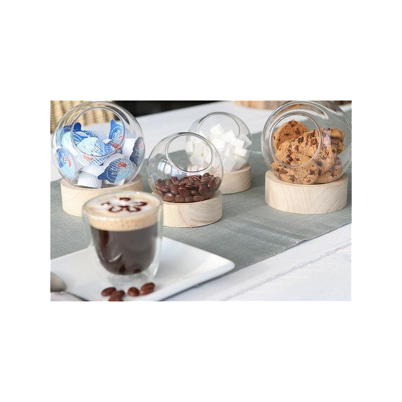Vase boule en verre avec base en bois Ø 10 cm, H. 11 cm - 1 pièce