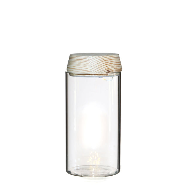 Glass cylinder with LED in wooden lid 18cm high 