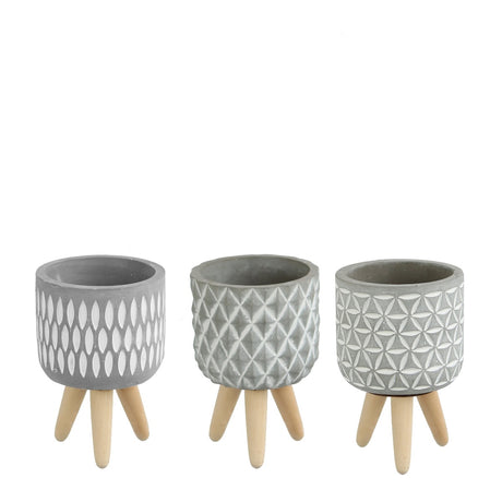 Plant pot Cement with wooden legs 15.5cm high 