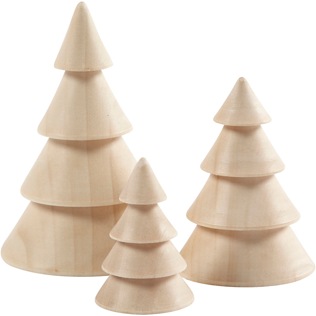Christmas Trees, H: 5+7.5+10 cm, D: 3.5+5.4+6.7 cm, paulownia 