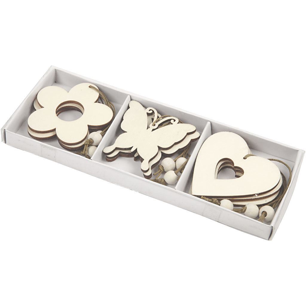 Ornement en bois: fleurs, papillons, coeur - 9 pcs