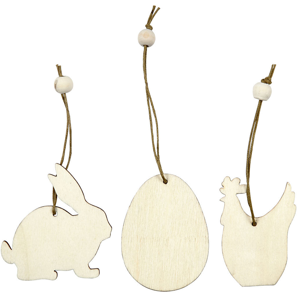Ornement en bois: lapin, oeuf, poule, taille 6 cm