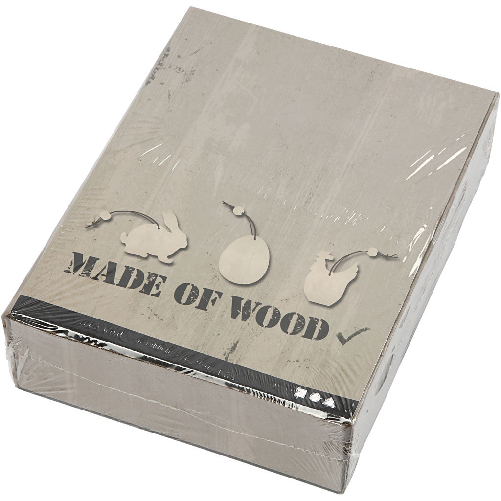 Ornement en bois: lapin, oeuf, poule, taille 6 cm