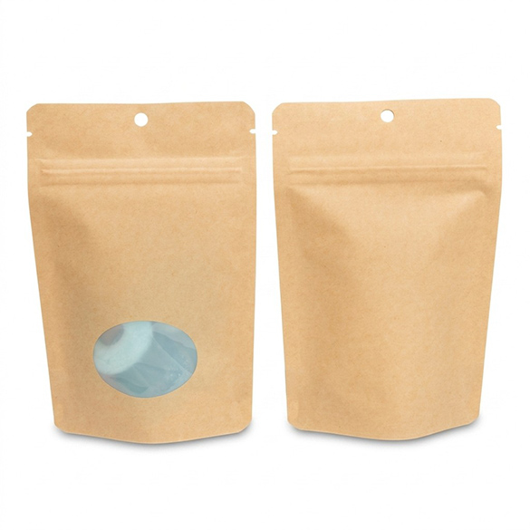 Doypack Kraft Compostable à Domicile avec Fenêtre Ovale 10x6x15cm - 100 pcs