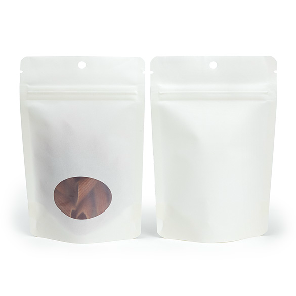 Doypack Blanc Compostable à Domicile avec Fenêtre Ovale 10x6x15cm - 100 pcs
