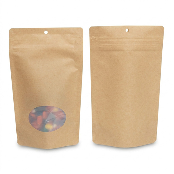 Doypack Kraft Compostable à Domicile avec Fenêtre Ovale et Fermeture Pocket 13x8x20,5cm - 100 pcs