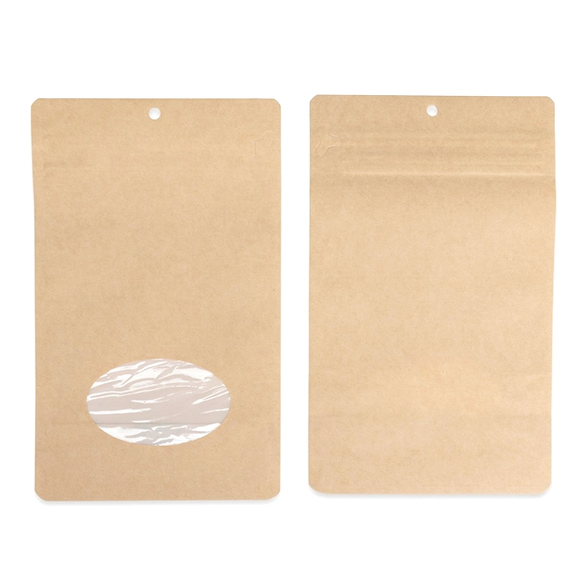 Doypack Kraft Compostable à Domicile avec Fenêtre Ovale et Fermeture Pocket 13x8x20,5cm - 100 pcs