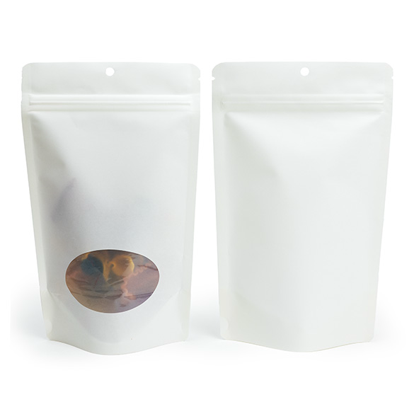 Doypack Blanc Compostable à Domicile avec Fenêtre Ovale 13x8x20,5cm - 100 pcs