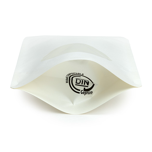Doypack Blanc Compostable à Domicile avec Fenêtre Ovale 13x8x20,5cm - 100 pcs