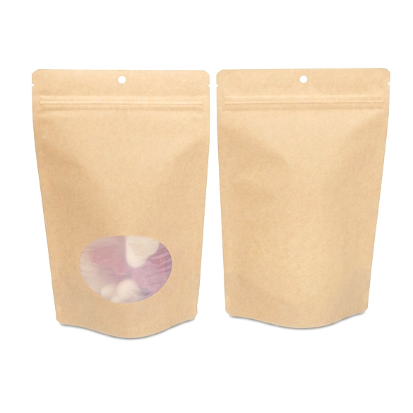 Doypack Kraft Compostable à Domicile avec Fenêtre Ovale 15x9x23cm - 100 pcs